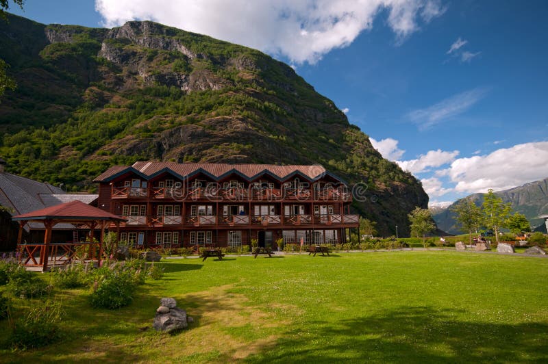 Small hotel between mountains, Sognefjord, Aurland, Norway. Small hotel between mountains, Sognefjord, Aurland, Norway