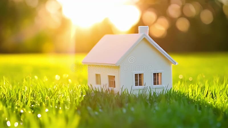 Μικρός Λευκός Οίκος περιτριγυρισμένος από πράσινο γρασίδι και ηλιακό φως που συμβολίζει την εσωτερική και περιβαλλοντική συνείδηση ελεύθερη απεικόνιση δικαιώματος
