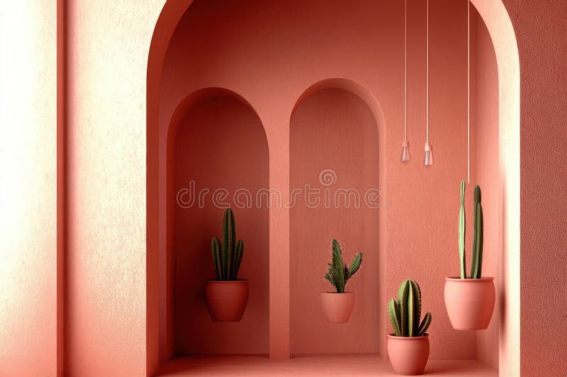 μινιμαλιστική εσωτερική σχεδίαση με cacti στη σύγχρονη terracotta alcove στοκ εικόνες με δικαίωμα ελεύθερης χρήσης
