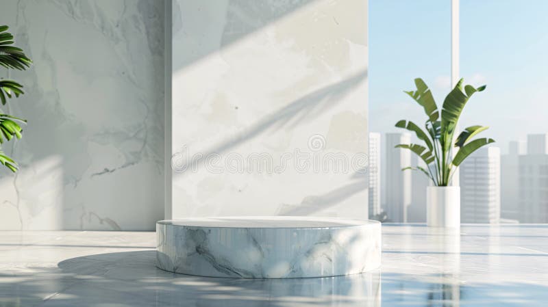 Μινιμαλιστικό Λευκό Μαρμάρινο Βήμα με Καθαρό Σκανδιναβικό Καθιστικό Φόντο ιδανικό για προϊόν καλοκαιρινής μόδας. Μινιμαλιστική εμπρόσθια όψη του Λευκού Μαρμάρινου Βάθρου με Καθαρό Σκανδιναβικό Σαλόνι Φόντο ιδανικό για καλοκαιρινές οθόνες προϊόντων μόδας