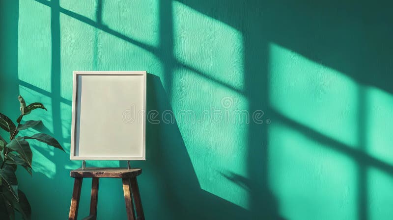 Μινιμαλιστικό λευκό πλαίσιο σε στιβαρά ξύλινα σκαμπό με έντονα πράσινο τοίχο και σκιές φυτών στοκ εικόνες
