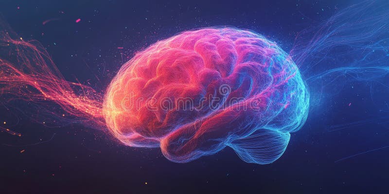 μινιμαλιστικό φόντο με μεγάλο λαμπρό εγκέφαλο σε χρώματα νέον με δυναμικές γραμμές στοκ εικόνες με δικαίωμα ελεύθερης χρήσης