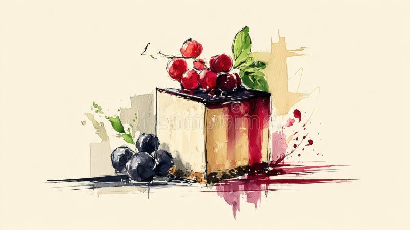 Μινιμαλιστικός κύβος cheesecake διακοσμημένος με σάλτσα Berry Που δείχνει ένα ζωντανό σχέδιο πινελιάς στοκ φωτογραφία με δικαίωμα ελεύθερης χρήσης