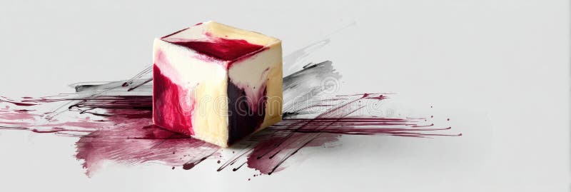 Μινιμαλιστικός κύβος Cheesecake με έντονη σάλτσα Berry Brushborders σε καθαρό λευκό φόντο στοκ εικόνες