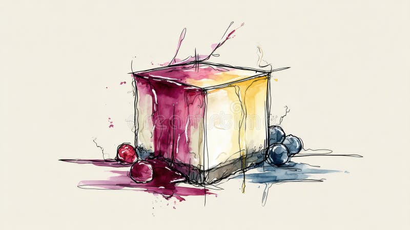 Μινιμαλιστικός κύβος Cheesecake με έντονη σάλτσα Berry Brushborders σε ουδέτερο φόντο στοκ εικόνα