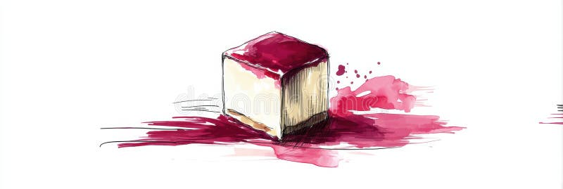 Μινιμαλιστικός κύβος cheesecake με έντονη σάλτσα μούρο πινελιά σε λευκό φόντο στοκ φωτογραφίες