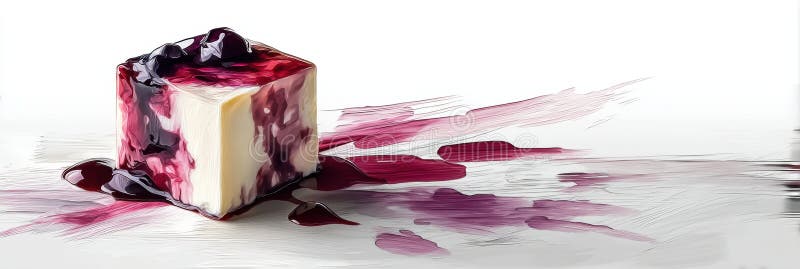 Μινιμαλιστικός κύβος cheesecake με επισημάνσεις σάλτσας μούρων τοποθετημένες σε κομψή επιφάνεια έτοιμη για λάτρεις του γλυκού στοκ εικόνα