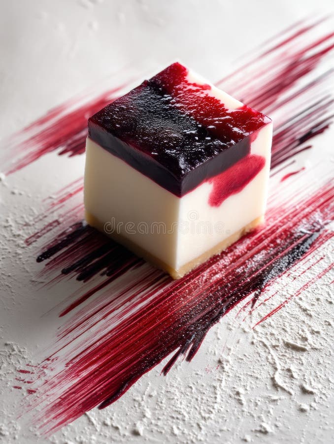 Μινιμαλιστικός κύβος Cheesecake Με Ζωηρή Σάλτσα Berry Κομψή Παρουσίαση Στην Επιφάνεια Υφής στοκ φωτογραφία με δικαίωμα ελεύθερης χρήσης