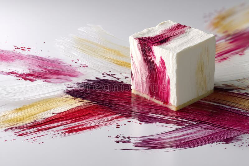 Μινιμαλιστικός κύβος cheesecake με σάλτσα Berry Brushborders σε ουδέτερο φόντο στοκ φωτογραφία