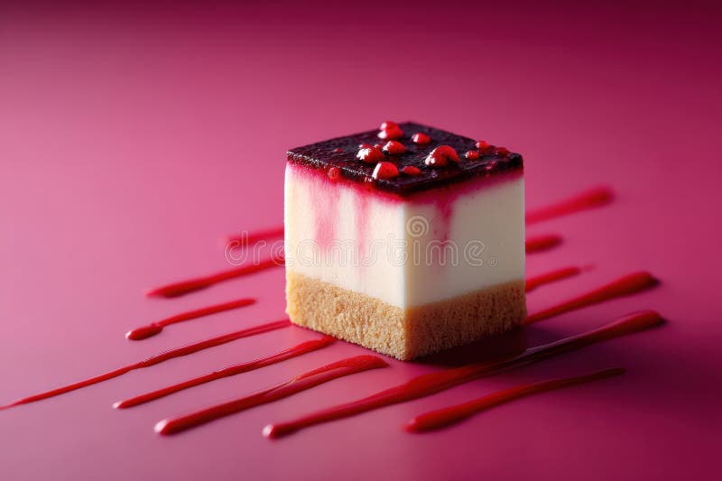Μινιμαλιστικός κύβος cheesecake με σάλτσα Berry σε μια ζωντανή επιφάνεια που προβάλλει μοντέρνα παρουσίαση γλυκισμάτων στοκ εικόνες
