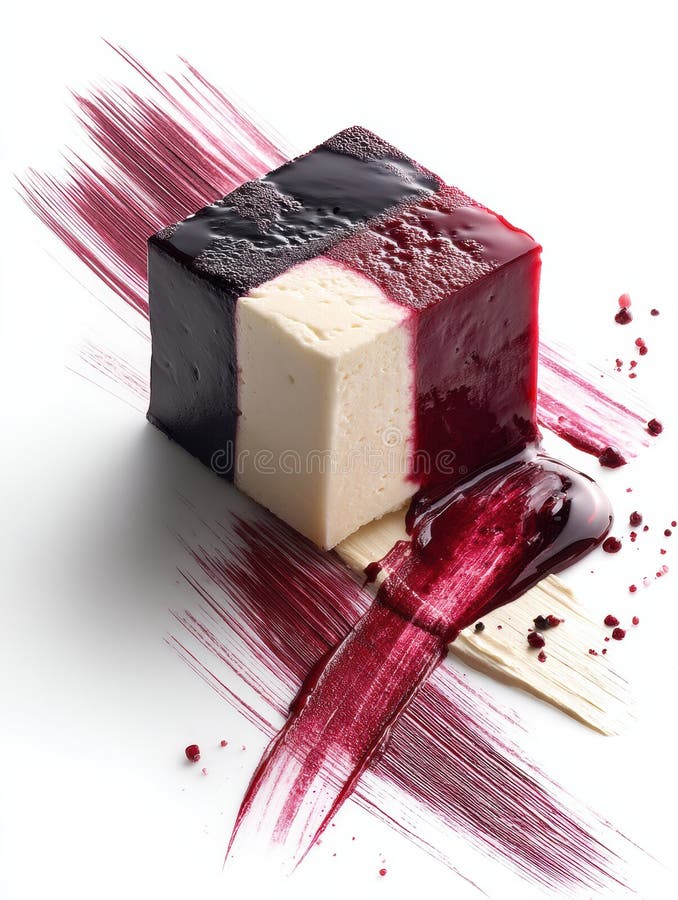 Μινιμαλιστικός κύβος cheesecake σερβίρεται με μια ζωηρή σάλτσα μούρο σε καθαρή λευκή επιφάνεια στοκ εικόνες
