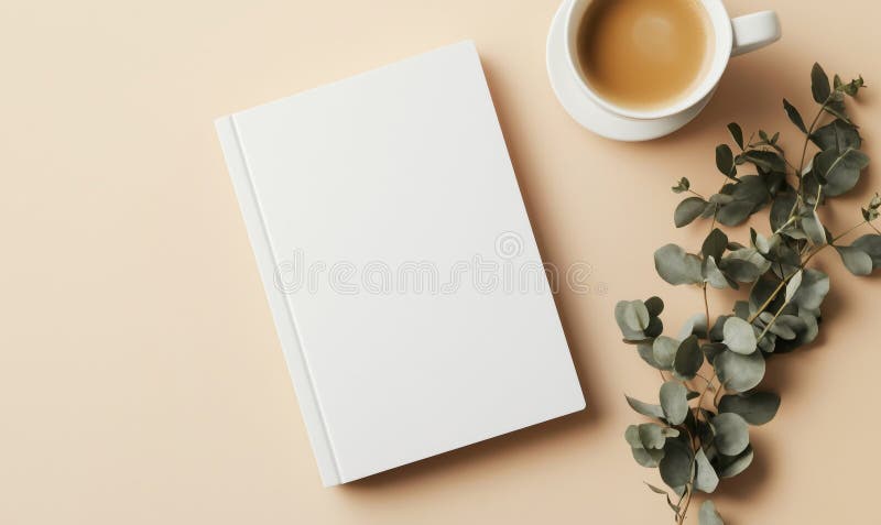 Μινιμαλιστικός χώρος εργασίας με άδειο κύπελλο καφέ βιβλίου και φύλλα ευκαλύπτου στοκ φωτογραφία με δικαίωμα ελεύθερης χρήσης