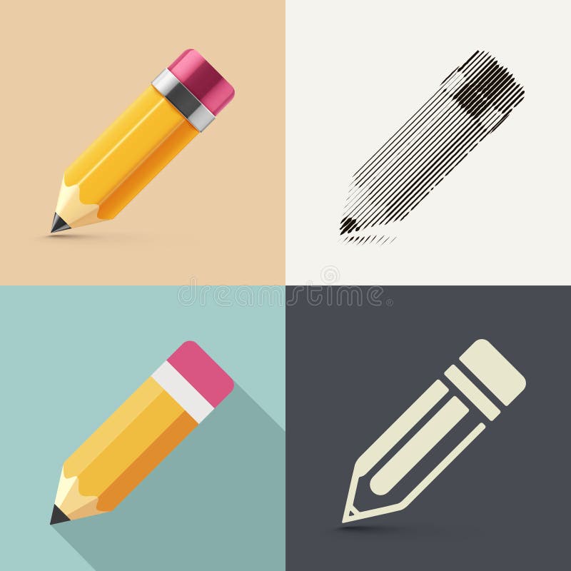 pencil in different styles of drawing (photorealism, sketch, flat and icon), eps 10. pencil in different styles of drawing (photorealism, sketch, flat and icon), eps 10