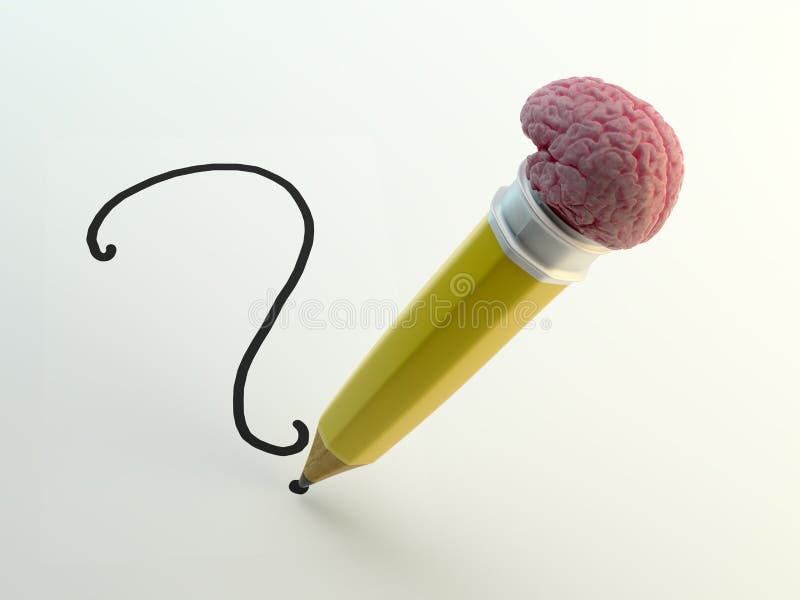 Pencil with a brain shaped eraser writing a question mark. Pencil with a brain shaped eraser writing a question mark