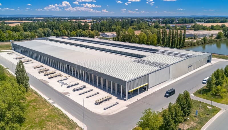 Μοντέρνα εναέρια άποψη αποθήκης logistics. Βιομηχανικό κτίριο με αποβάθρες φόρτωσης κάτω από τον γαλάζιο ουρανό. διανυσματική απεικόνιση