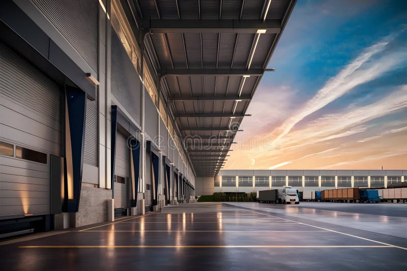 Μοντέρνα κατασκευή αποθήκης logistics. Εικόνα παραγόμενη από τεχνολογία AI ελεύθερη απεικόνιση δικαιώματος