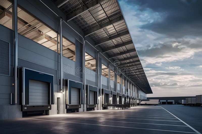 Μοντέρνα κατασκευή αποθήκης logistics. Εικόνα παραγόμενη από τεχνολογία AI διανυσματική απεικόνιση