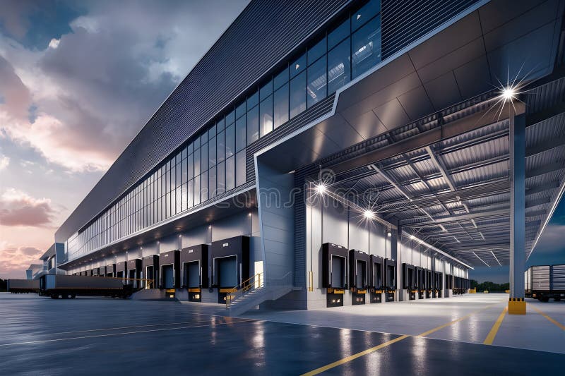 Μοντέρνα κατασκευή αποθήκης logistics. Εικόνα παραγόμενη από τεχνολογία AI ελεύθερη απεικόνιση δικαιώματος