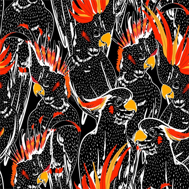 Stylish Doodle white line sketch cockatoo birds seamless pattern. Hand drawing mood. Vector art illustration.Design for fashion ,fabric,web,wallpaper and all prints on black background color. Stylish Doodle white line sketch cockatoo birds seamless pattern. Hand drawing mood. Vector art illustration.Design for fashion ,fabric,web,wallpaper and all prints on black background color