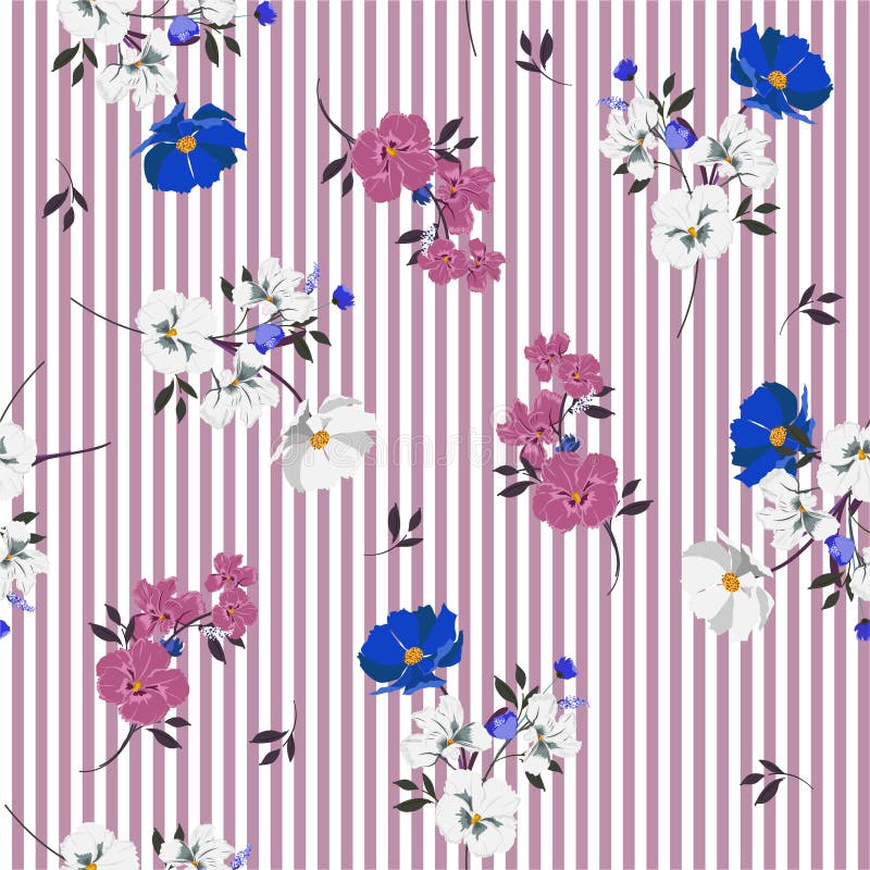Stylish retro full of blooming flowers and leaves bright mood on purple stripe seamless pattern Design for fashoin fabric ,wallpaper book , card and etc. Stylish retro full of blooming flowers and leaves bright mood on purple stripe seamless pattern Design for fashoin fabric ,wallpaper book , card and etc