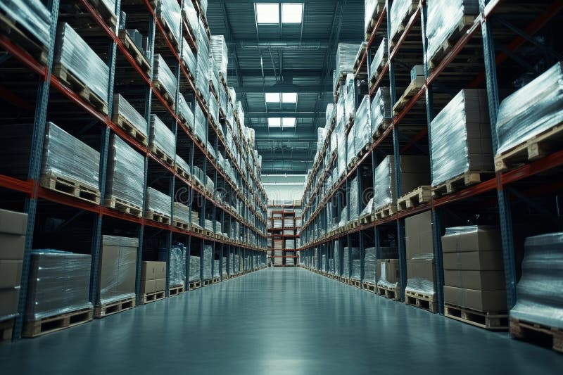 Μοντέρνο εσωτερικό αποθήκης logistics με κατάλληλα οργανωμένα ράφια και παλέτες αποθήκευσης ελεύθερη απεικόνιση δικαιώματος