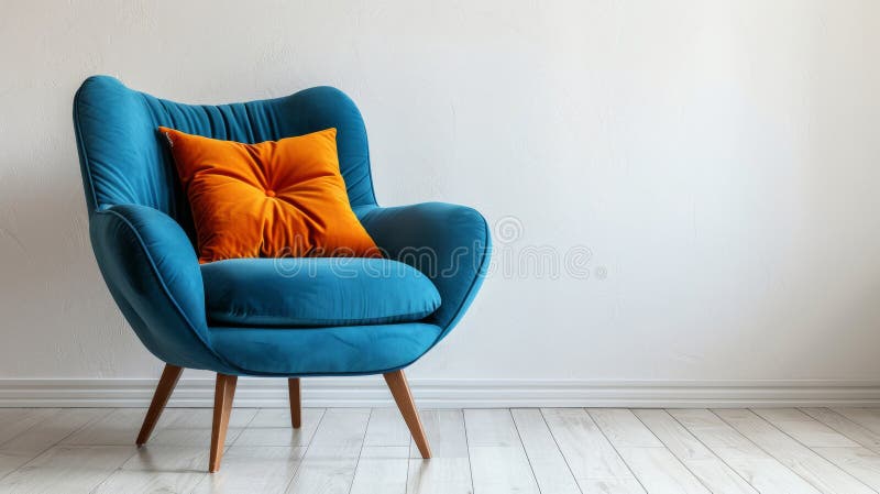 Μοντέρνο μπλε πολυθρόνα με πορτοκαλί μαξιλάρι σε μινιαλιστικό εσωτερικό. στοκ φωτογραφία