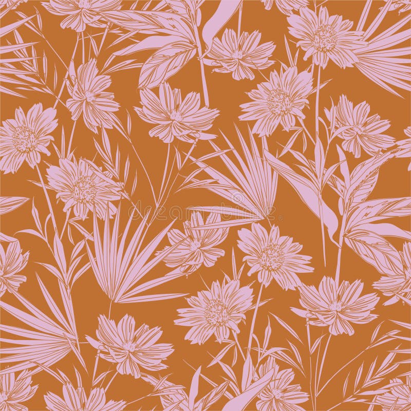 Modern garden flower monotone retro mood seamless pattern ,Design for fashion ,fabric,web,wallpaper,wrapping and all prints on vintage orange color. Modern garden flower monotone retro mood seamless pattern ,Design for fashion ,fabric,web,wallpaper,wrapping and all prints on vintage orange color