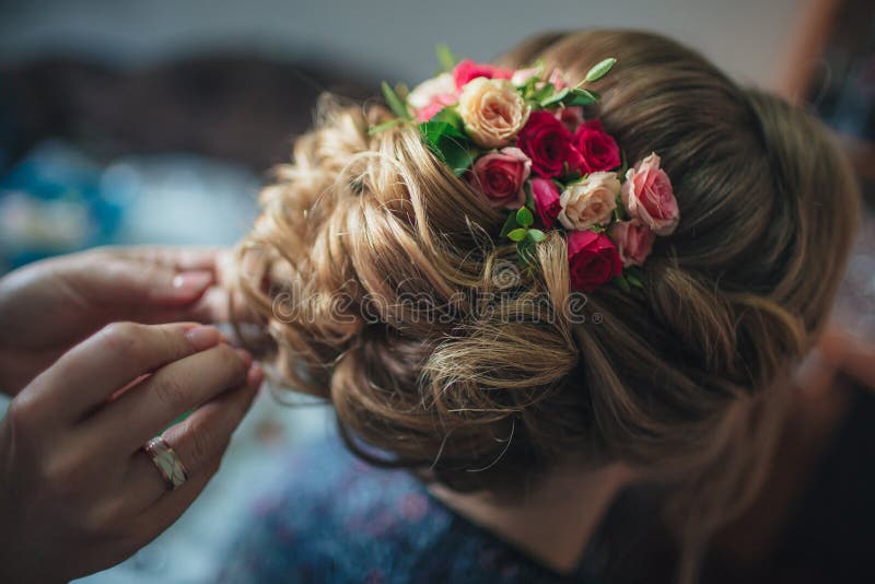 Μοντέρνος γάμος hairstyle με τα φρέσκα τριαντάφυλλα Όμορφος προσδιορισμός, οπισθοσκόπος Η νύφη στέκεται με δικούς του πίσω στη κά στοκ φωτογραφία με δικαίωμα ελεύθερης χρήσης Μοντέρνος γάμος hairstyle με τα φρέσκα τριαντάφυλλα Όμορφος προσδιορισμός, οπισθοσκόπος Η νύφη στέκεται με δικούς του πίσω στη κά στοκ φωτογραφία με δικαίωμα ελεύθερης χρήσης