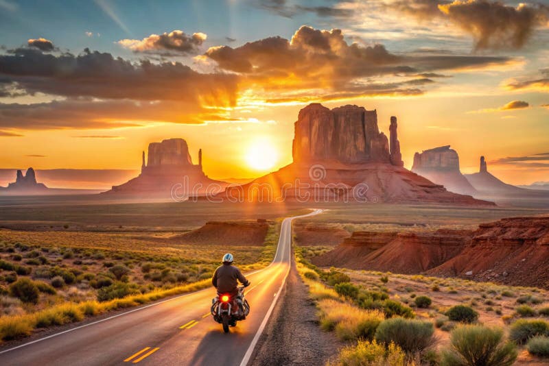 Μοτοσικλέτα στην οδό Monument Valley στο ηλιοβασίλεμα ΗΠΑ απεικόνιση αποθεμάτων