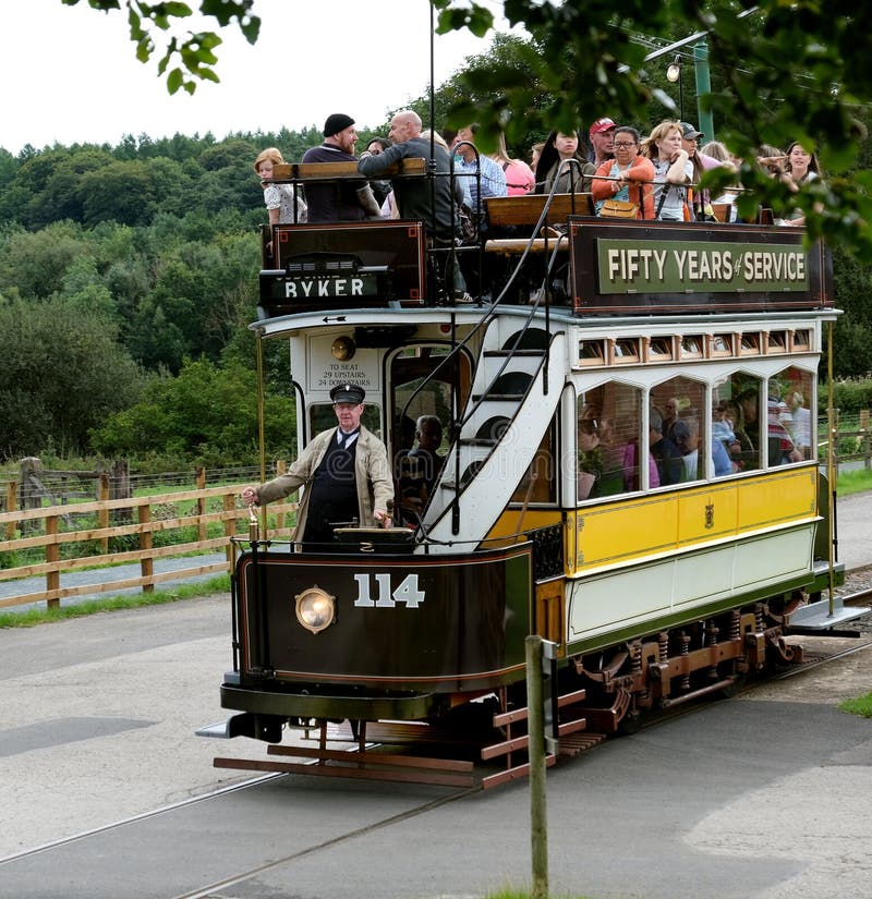 Beamish living history museum. Durham, UK. August 2023. Collection of vintage buildings and memorabilia from much earlier times. North eastern England. Buses and trams. transport. Beamish living history museum. Durham, UK. August 2023. Collection of vintage buildings and memorabilia from much earlier times. North eastern England. Buses and trams. transport.