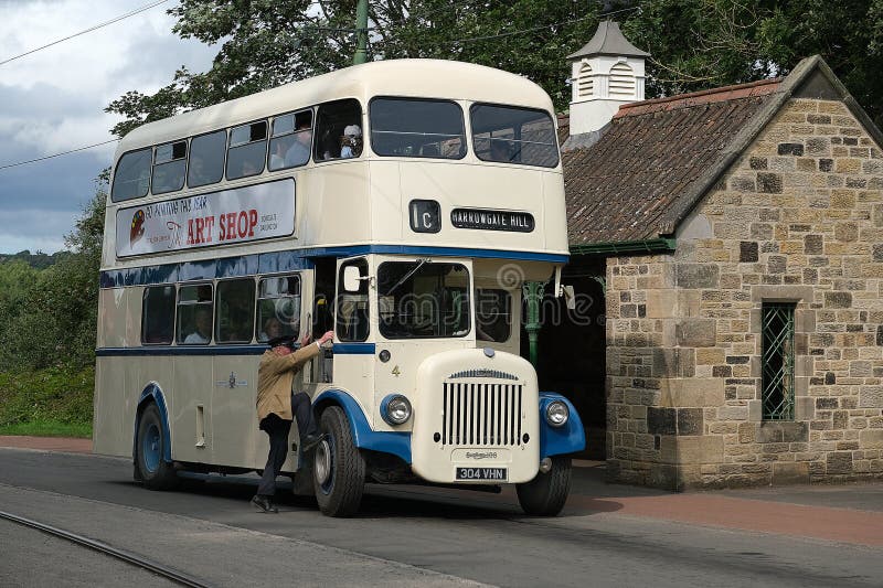 Beamish living history museum. Durham, UK. August 2023. Collection of vintage buildings and memorabilia from much earlier times. North eastern England. Buses and trams. transport. Beamish living history museum. Durham, UK. August 2023. Collection of vintage buildings and memorabilia from much earlier times. North eastern England. Buses and trams. transport.