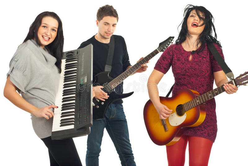 Band of three friends playing musical instruments isolated on white background. Band of three friends playing musical instruments isolated on white background