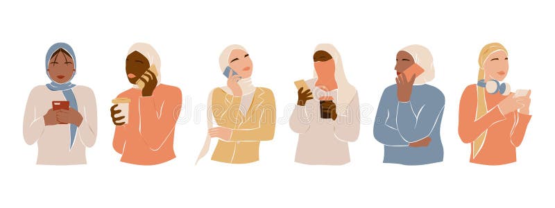 Muslim diversity women with smartphone. Modern abstract girls in hijab chating and talking on phone. Arab bussineswomen. Flat vector illustration isolated on white background. Muslim diversity women with smartphone. Modern abstract girls in hijab chating and talking on phone. Arab bussineswomen. Flat vector illustration isolated on white background