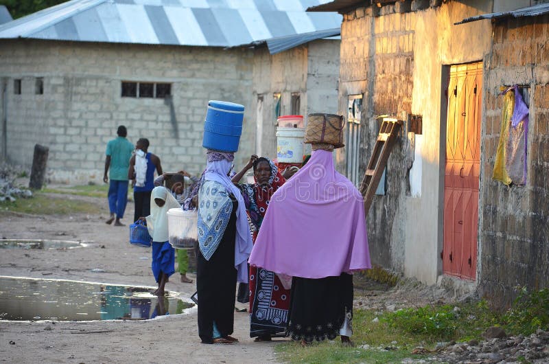Μουσουλμανικές γυναίκες που φέρνουν το νερό στο χωριό, Zanzibar
