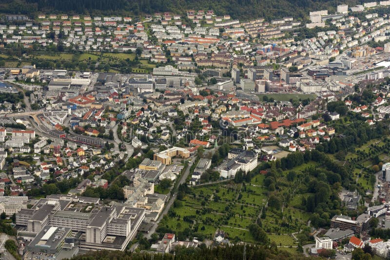 View over Bergen from from the Ulriksbanen gondol. Haukeland University Hospital at lower left, Kronstad in the back, and Mollendal at the right. View over Bergen from from the Ulriksbanen gondol. Haukeland University Hospital at lower left, Kronstad in the back, and Mollendal at the right.