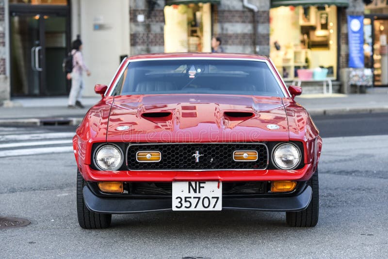 Bergen, Norway, 23 July, 2017: Ford Mustang 1971, Standing on a street in Bergen, front view. Bergen, Norway, 23 July, 2017: Ford Mustang 1971, Standing on a street in Bergen, front view.