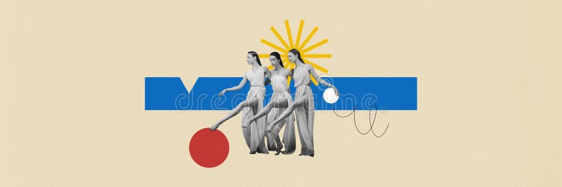 μπαλέτο. σύγχρονο κολάζ γραφικών. κλασσικοί χορευτές μπαλέτου σε ροδάκια περπατάνε στα γεωμετρικά σχήματα τους στοκ εικόνα