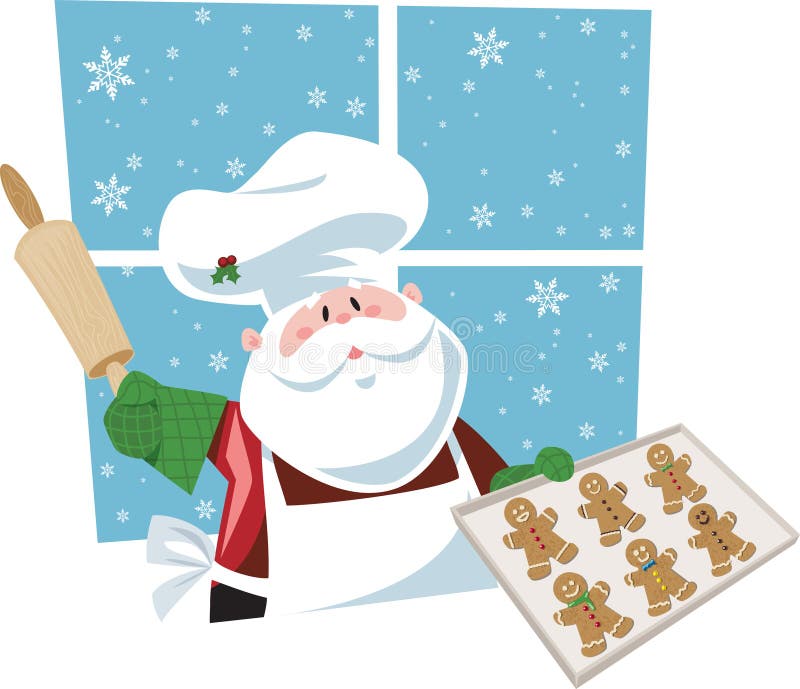 Santa Claus with a tray of baked gingerbread men cookies. Santa Claus with a tray of baked gingerbread men cookies