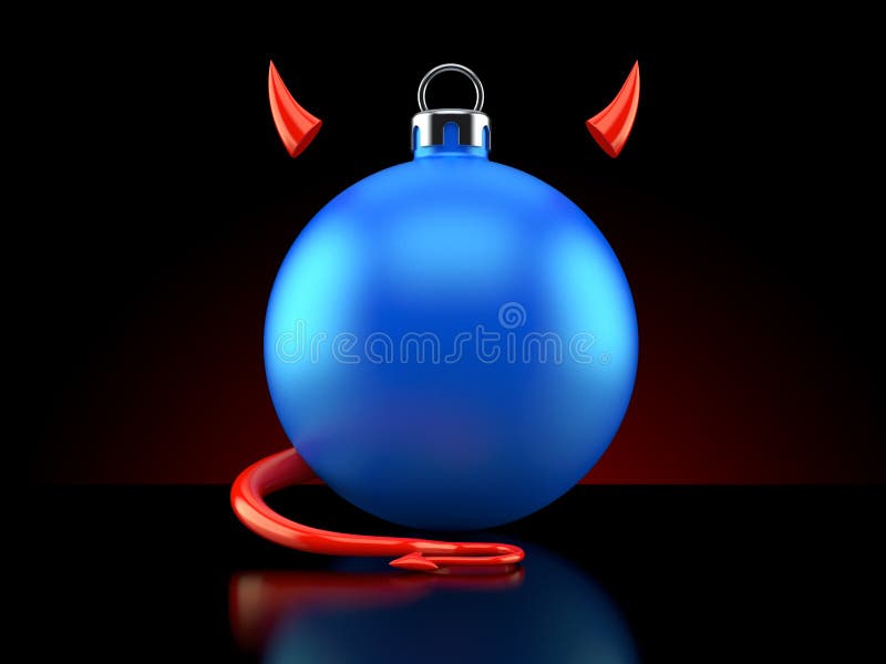 Christmas bauble with devil horns and tail on black background. 3d illustration. Christmas bauble with devil horns and tail on black background. 3d illustration