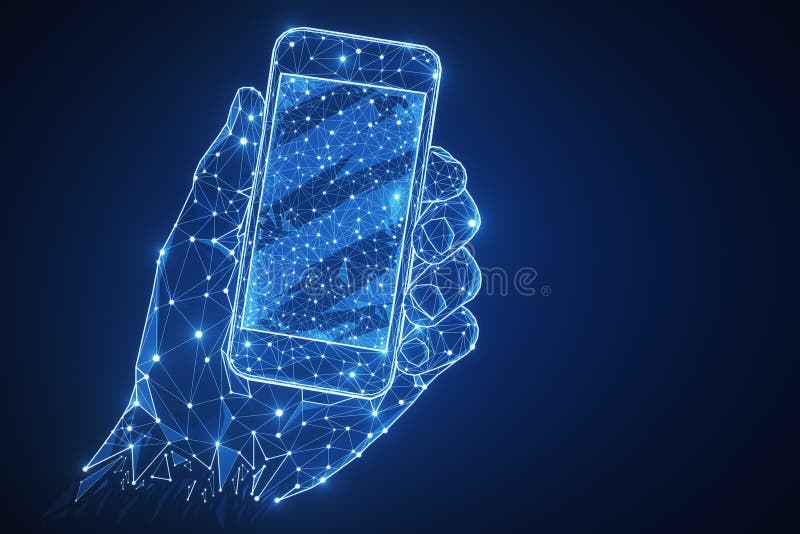 Μπλε polygonal χέρι με το smartphone ελεύθερη απεικόνιση δικαιώματος Μπλε polygonal χέρι με το smartphone ελεύθερη απεικόνιση δικαιώματος