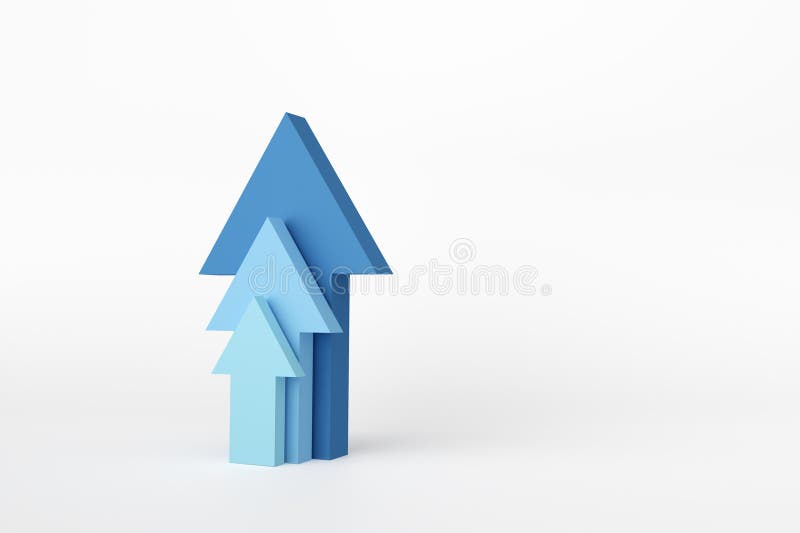 Blue stair step arrows pointing upwards. Growth, achievement, success, progress and improvement concepts. 3d render. Blue stair step arrows pointing upwards. Growth, achievement, success, progress and improvement concepts. 3d render
