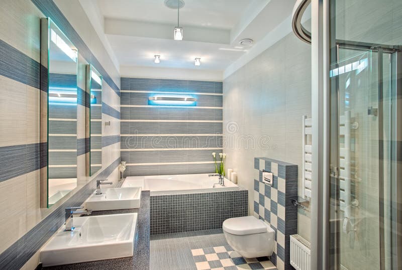 Modern bathroom in blue and gray tones with mosaic on wide angle view. Modern bathroom in blue and gray tones with mosaic on wide angle view