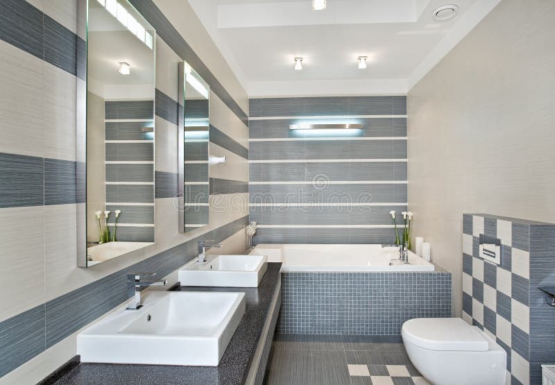 Modern bathroom in blue and gray tones with mosaic on wide angle view. Modern bathroom in blue and gray tones with mosaic on wide angle view