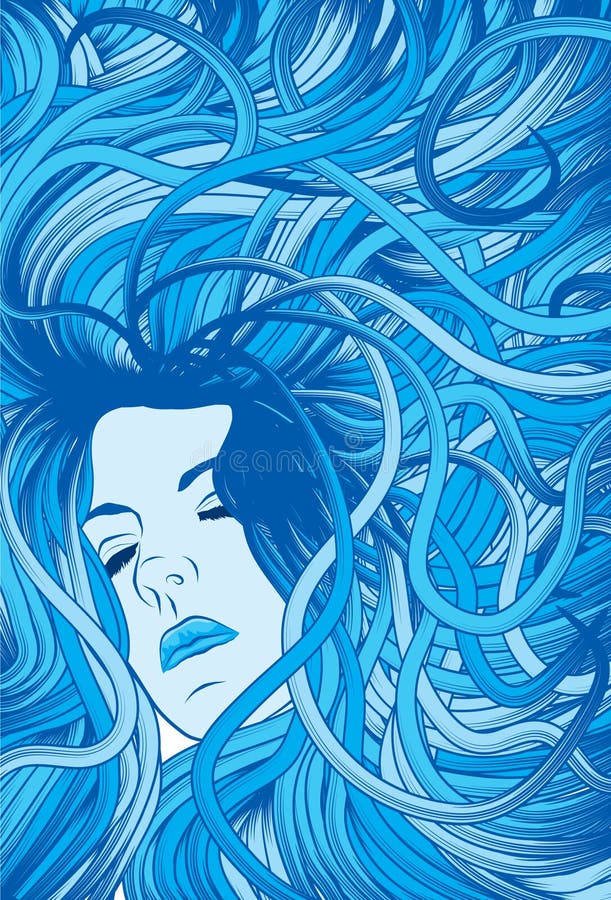 Woman's face with long detailed flowing blue hair. Woman's face with long detailed flowing blue hair