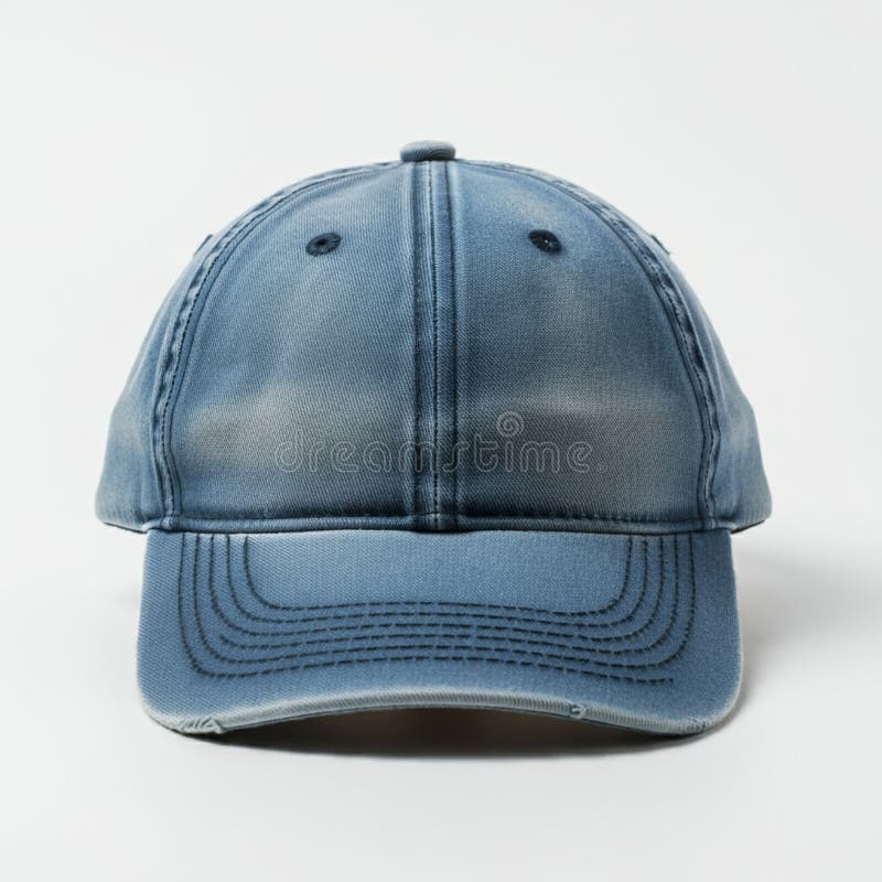 Μπλε καπέλο denim μπέιζμπολ με ξεθωριασμένες περιοχές και ορατά μοτίβα συρραφής. Διαθέτει ελεύθερη απεικόνιση δικαιώματος
