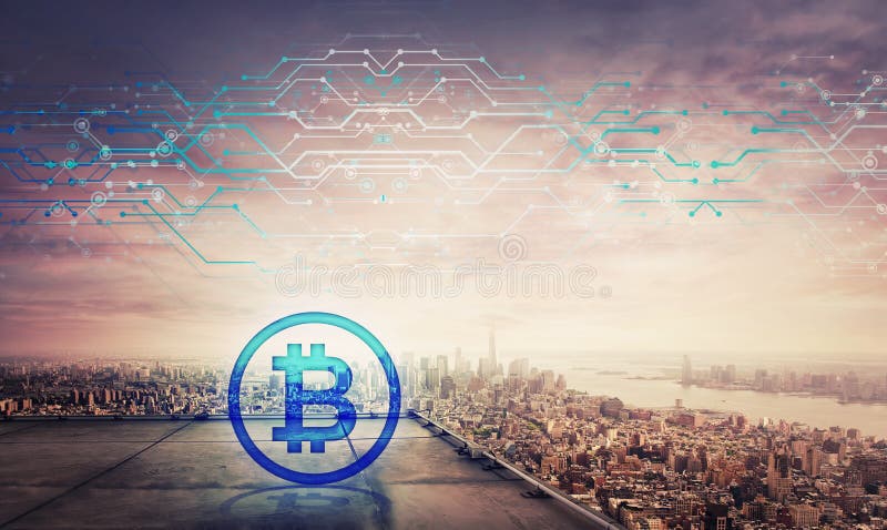 Μπλε ολόγραμμα εικονιδίων bitcoin στη στέγη ενός ουρανοξύστη πέρα από το μεγάλο ορίζοντα ηλιοβασιλέματος πόλεων, διπλή επίδραση έ στοκ εικόνες Μπλε ολόγραμμα εικονιδίων bitcoin στη στέγη ενός ουρανοξύστη πέρα από το μεγάλο ορίζοντα ηλιοβασιλέματος πόλεων, διπλή επίδραση έ στοκ εικόνες
