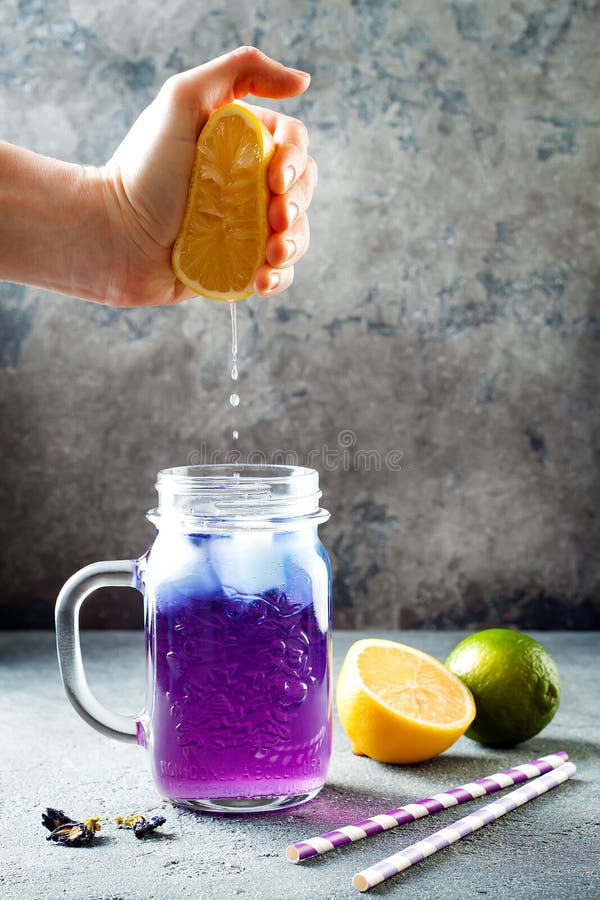 Μπλε παγωμένη τσάι ή λεμονάδα λουλουδιών μπιζελιών πεταλούδων Υγιές βοτανικό ποτό detox