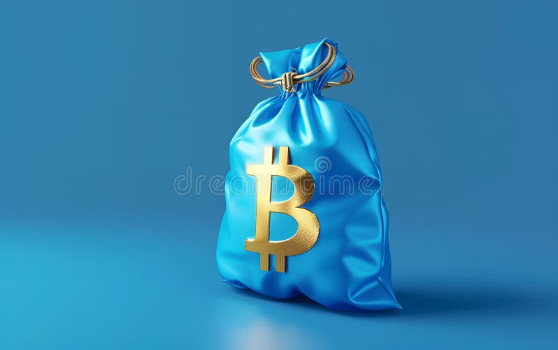 Μπλε τσάντα με χρυσό σύμβολο bitcoin σε ελάχιστο μπλε φόντο για απεικόνιση 3D διανυσματική απεικόνιση