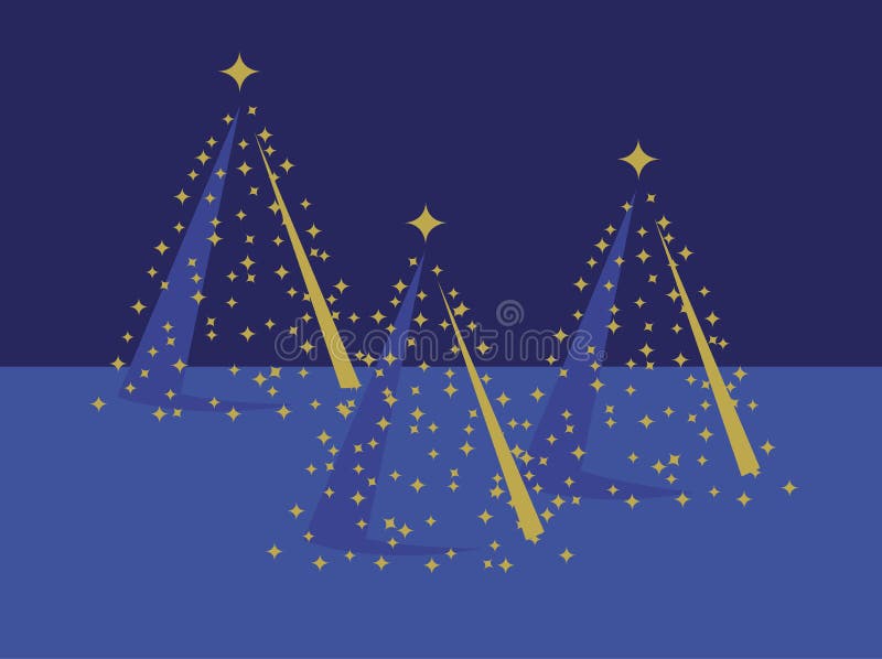 Three Gold Christmas Trees with gold stars on a Blue background. Three Gold Christmas Trees with gold stars on a Blue background