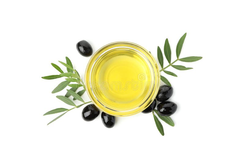Μπολ με ελαιόλαδο και ελιές απομονωμένες σε λευκό φόντο, άνω όψης